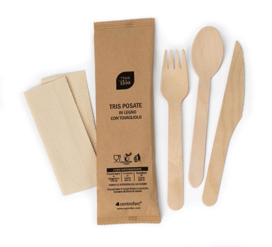 Immagine di TRIS POSATE IN LEGNO CERATO + TOVAGLIOLO 160mm 